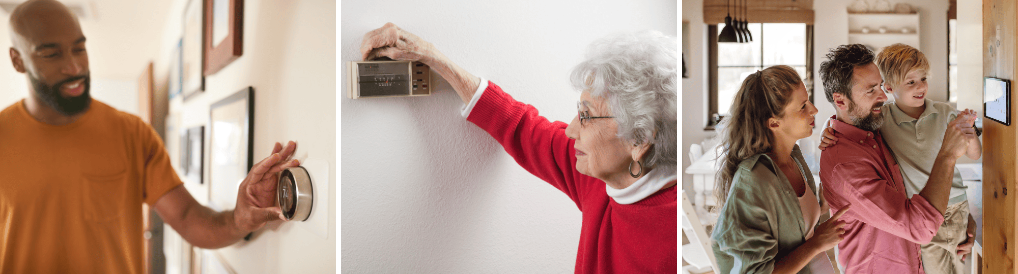 Three images of individuals adjusting their thermostats.